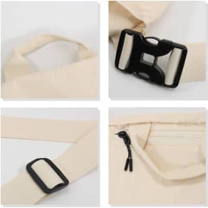 A beige crossbody bag featuring a sturdy buckle, adjustable strap, and a zippered pocket. It includes additional stitching for durability.