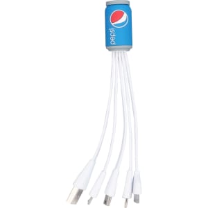A drink bottle in blue with multiple white charging cables attached, featuring a logo.