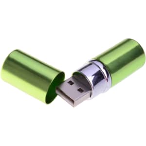 A green lip balm-shaped flash drive with a removable cap, showcasing a USB connector.