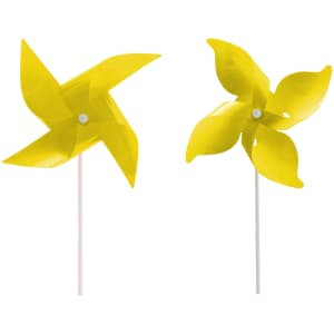 Two yellow four-leaf pinwheels with a central connector and white sticks. Each pinwheel has a glossy finish.