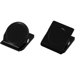 Two black metal magnetic clips are positioned side by side, featuring a round and a rectangular design.