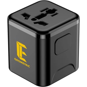 A black mini universal travel adapter featuring multiple socket types and a logo. Compact and portable design.