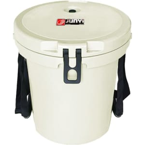 A light cream ice bucket with a black handle and a lid, featuring a logo on the top.