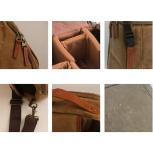A waxed canvas camera sling bag in tan, featuring leather accents, zippers, and adjustable straps.