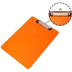 An orange clipboard with a metal clip at the top and a smooth surface.