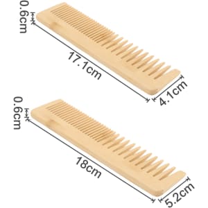 A bamboo comb set featuring two natural-coloured combs with different tooth designs and measurements.
