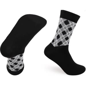 Crew custom pattern woven bamboo socks in black and grey with a towel bottom for added comfort. Features a logo.