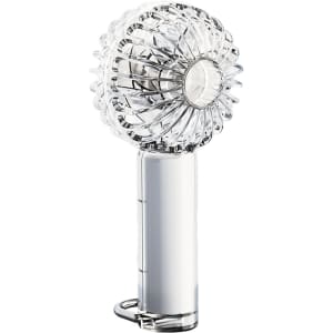 A transparent handheld fan with a circular design and an integrated LED light, featuring a white handle.