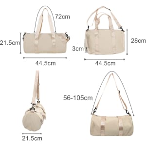 A beige bucket duffle bag with wide straps, featuring multiple viewing angles and dimensions for size reference.