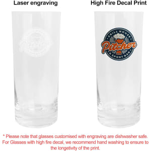 A tall, clear beer glass featuring a logo on one side and a laser-engraved design on the other.