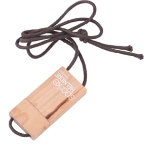 A wooden string flash drive with a light brown finish and a dark brown cord for attachment.