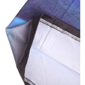 An Ice Silk Neck Gaiter featuring a gradient design in shades of blue, with a black edge and a branded logo.