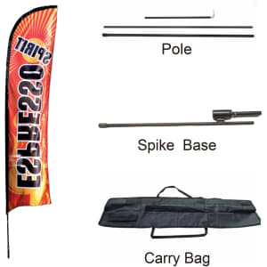 A large straight feather banner in vibrant colours, accompanied by a pole, spike base, and carry bag.