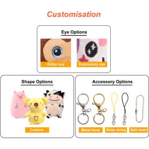Custom animal keyrings featuring various shapes, eye options like glitter or embroidery, and accessory choices in multiple styles.