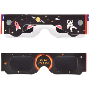 Custom solar eclipse glasses featuring a black design with colourful space graphics, including planets and rockets.