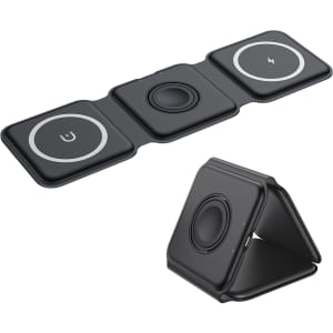 A foldable black 3-in-1 MagSafe wireless charger with multiple charging pads arranged in a compact design.
