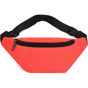 A red bum bag with a black zipper and adjustable strap. It features a logo on the front.