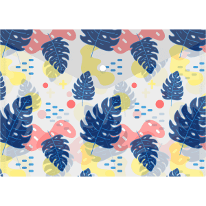 A4 clear file envelope featuring a colourful leaf pattern in blue, pink, and yellow with a circular button closure.