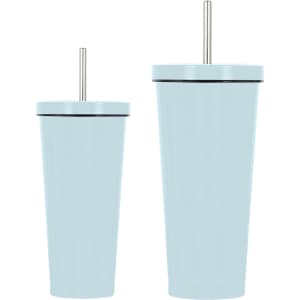 A drink bottle set featuring a light blue double wall stainless steel tumbler with straws in two sizes.
