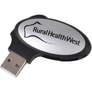An oval swivel flash drive in black and silver, featuring a logo on its surface.