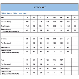 A size chart displaying measurements for unisex, women's, and kids' long sleeve polos, organised by sizes and dimensions.
