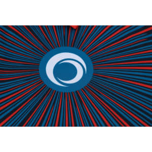 A vibrant blue and red sublimated sport polo featuring a circular logo at the centre.