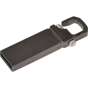 A metallic flash drive with a hook design and an attached silver button. It has a sleek, modern finish.