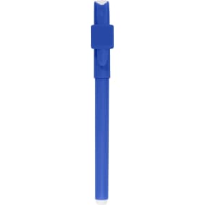 A blue pen with a clip and a smooth barrel, featuring a logo on its surface.