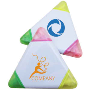 A triangular highlighter pen featuring pink, green, yellow, and orange ends, with logos on two sides.