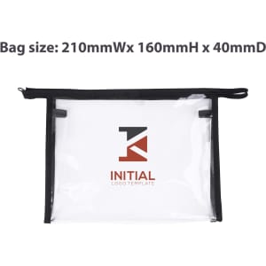 A transparent PVC cosmetic bag with black trim, featuring a subtle logo and a zip closure.