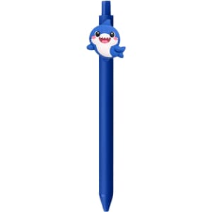 A blue pen with a shark-shaped top and a logo on the barrel.