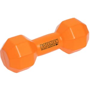 An orange dumbbell-shaped stress reliever with a logo, designed in a fun and playful style.