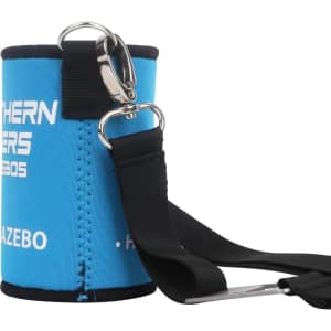 A drink bottle stubby holder in blue with a black strap and a metal clip, featuring a logo.