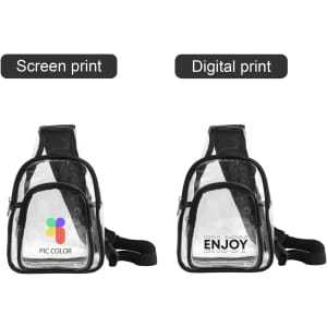 A clear PVC crossbody backpack with black straps, featuring two different printed designs on the front.