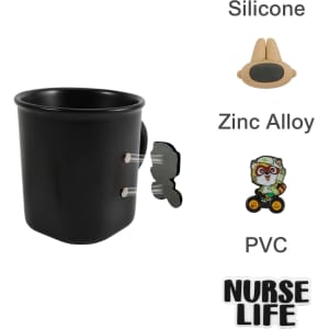 A black ceramic coffee mug featuring a side attachment, with a logo and a silicone grip.