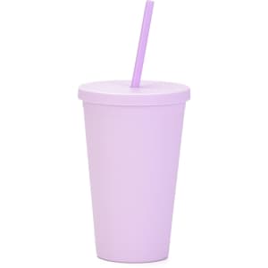A matte lavender plastic cup with a lid and a straw, designed for beverages. Features a logo.