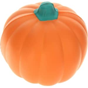 An orange pumpkin-shaped stress reliever with a green stem on top. Smooth texture and rounded design.