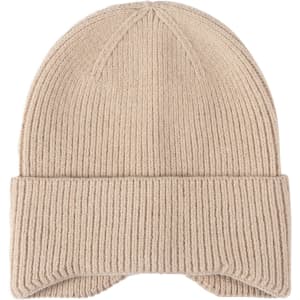 A beige earflap beanie with a ribbed texture and a foldable cuff, featuring a logo on the side.