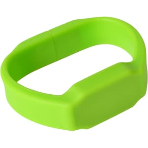 A green silicone watch flash drive with a rectangular shape, featuring a logo.