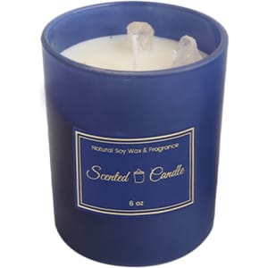 A blue 6.6oz glass candle with a natural soy wax and two wicks, featuring a logo on the front.