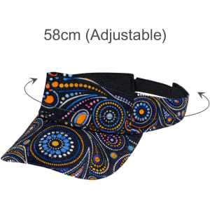A black visors with a colourful patterned design, featuring an adjustable strap for size fitting.