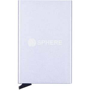 A silver metal RFID card holder with a logo, featuring a sleek, minimalist design and a black accent.