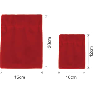 Red ribbon drawstring gift bags in two sizes: a larger bag measuring 15cm x 20cm and a smaller bag measuring 10cm x 12cm.