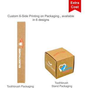 Packaging for toothbrushes, featuring two designs. One is a tall box, and the other is a square box with branding.