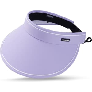 A wide-brim sun visor hat in light purple with a black band and a logo.