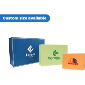 Three custom gift boxes in blue, green, and orange, featuring various logos and available in custom sizes.