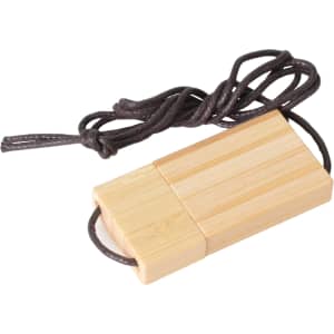 A wooden string flash drive in natural wood tone, featuring a cord for easy carrying. It has a simple, rustic design.