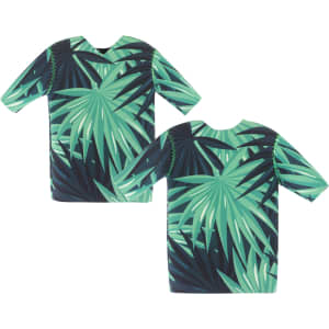 A drink bottle cooler designed as a cricket jersey with a green tropical leaf pattern. It features a logo.