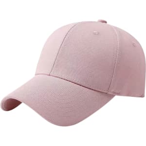 A pink cotton baseball cap with a hard top, featuring a curved brim and an adjustable strap at the back.