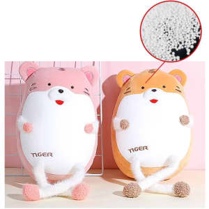 Tiger-shaped 2-in-1 travel pillows in pink and orange, featuring plush bodies and soft, white limbs.